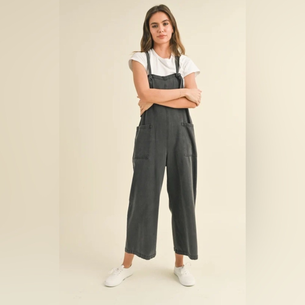 Miou Muse Tencel Washed Grey Wide Leg Overalls Jumpsuit Women’s Size Small Boho